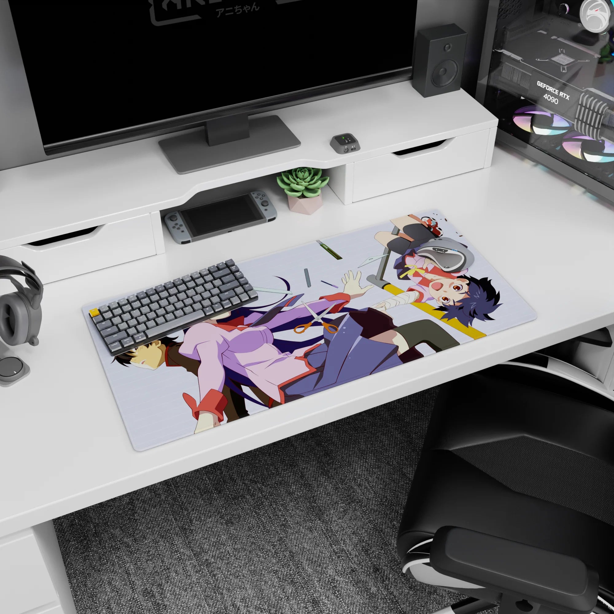32x16 inches Monogatari mouse pad featuring Hitagi Senjougahara and Koyomi Araragi amid pencils.