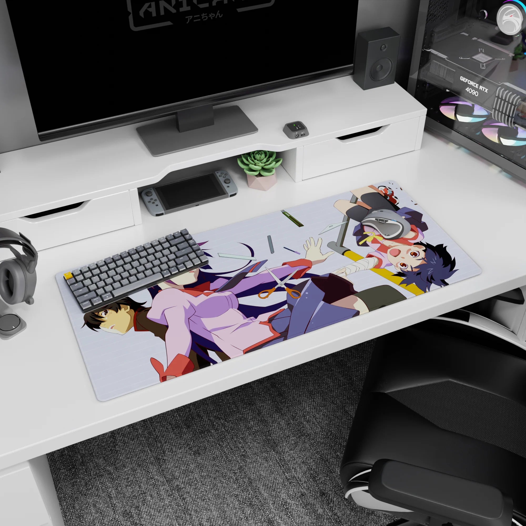 Hitagi Senjougahara with Araragi and Hachikuji anime girl desk pad 36x16 inches amid pencils.