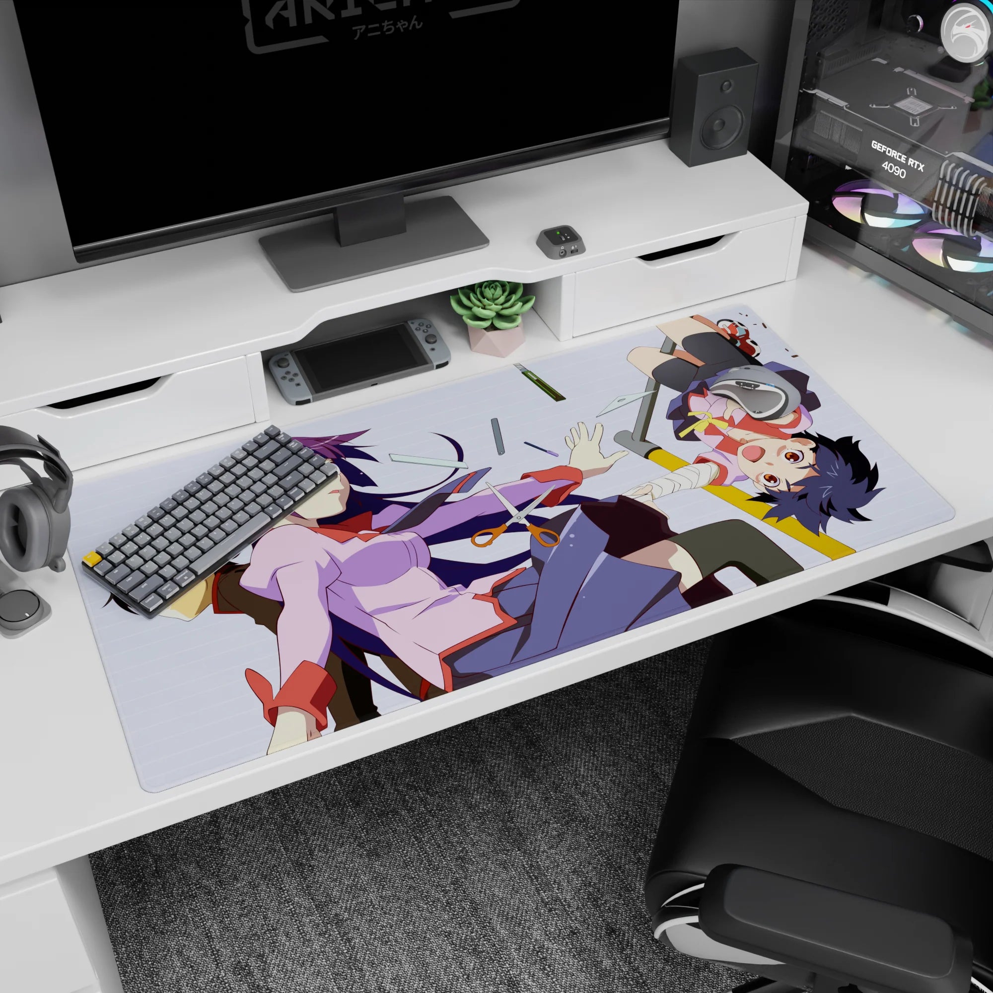 40x20 inches Monogatari desk pad featuring Hitagi Senjougahara and Koyomi Araragi amid scissors and pencils.