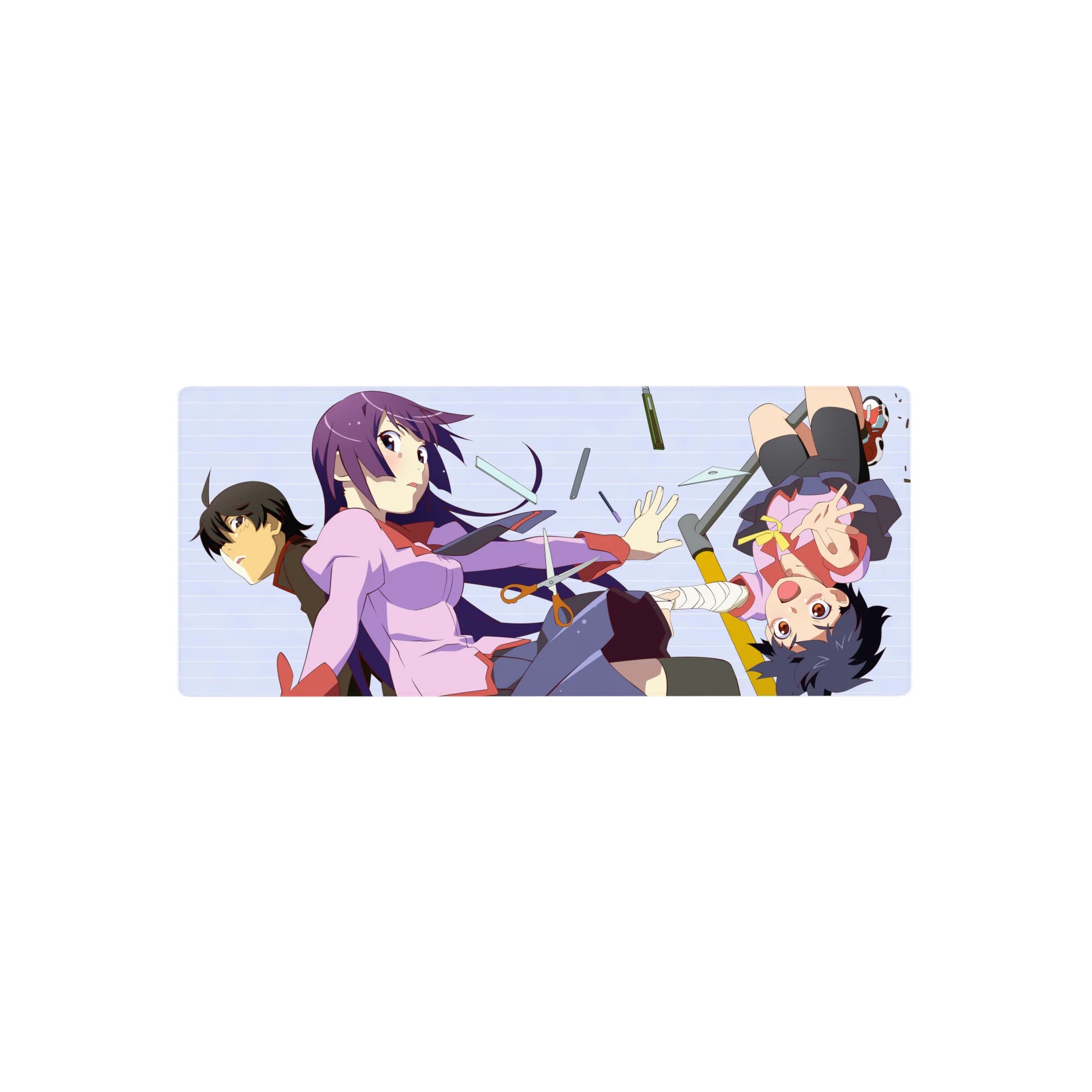 Monogatari anime girl mouse pad 28x12 inches with sharp pastel blocks and flying stationery chaos.