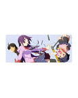 Monogatari anime girl mouse pad 28x12 inches with sharp pastel blocks and flying stationery chaos.