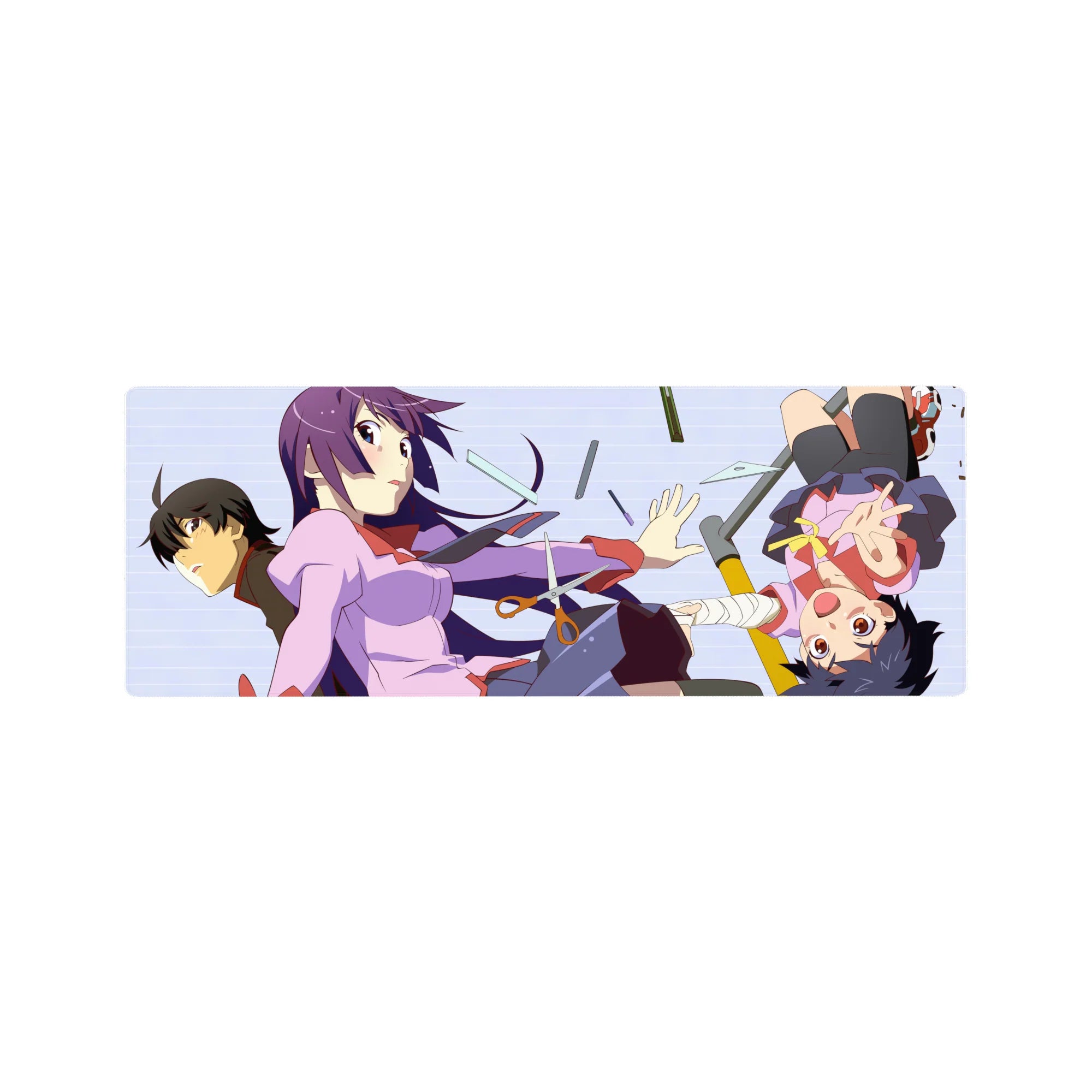 32x12 inches anime girl mouse pad with Monogatari-style trio and flying stationery, clean pastel blocks.