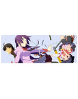 32x12 inches anime girl mouse pad with Monogatari-style trio and flying stationery, clean pastel blocks.