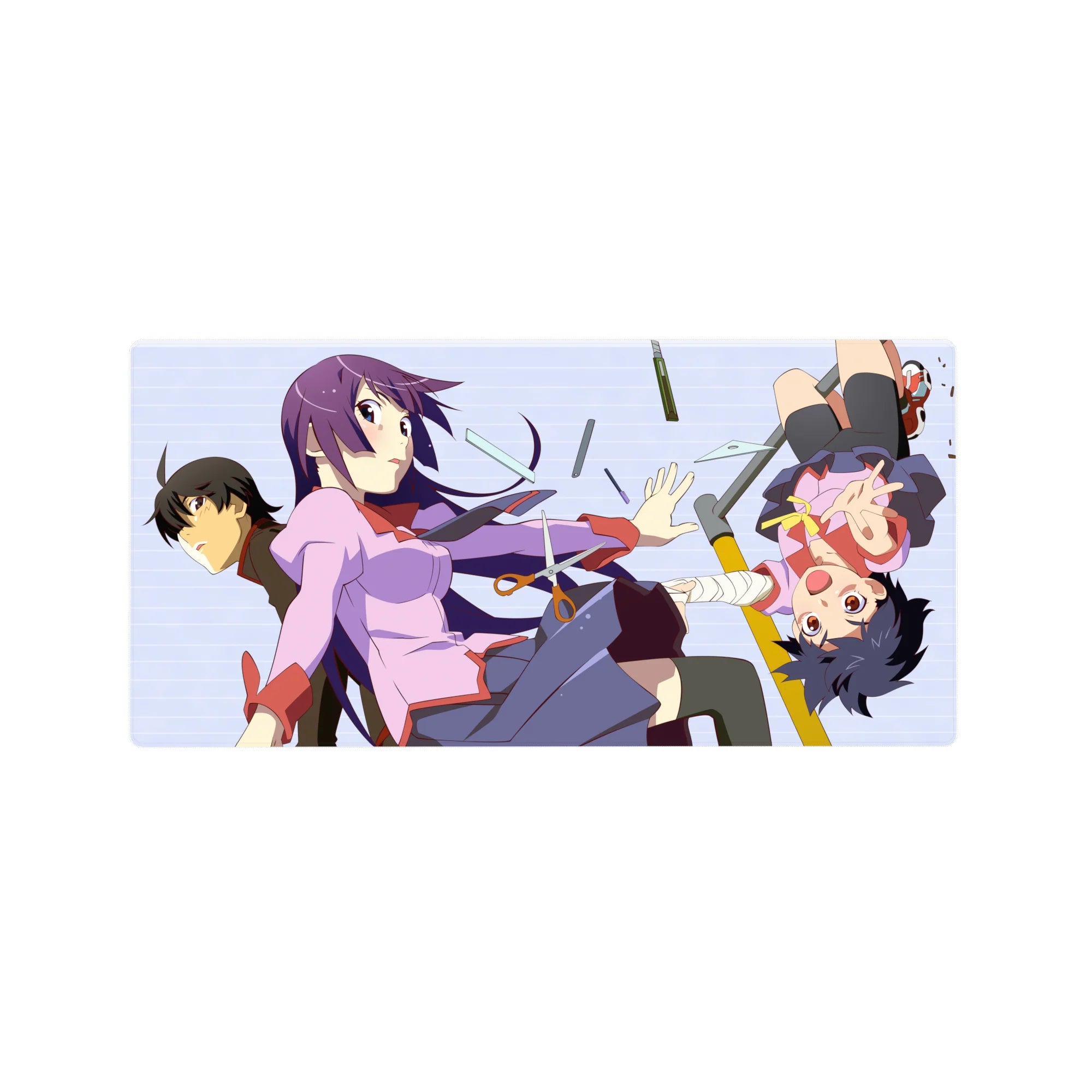 32x16 inches anime girl mouse pad with Monogatari-style characters tumbling through flying stationery.