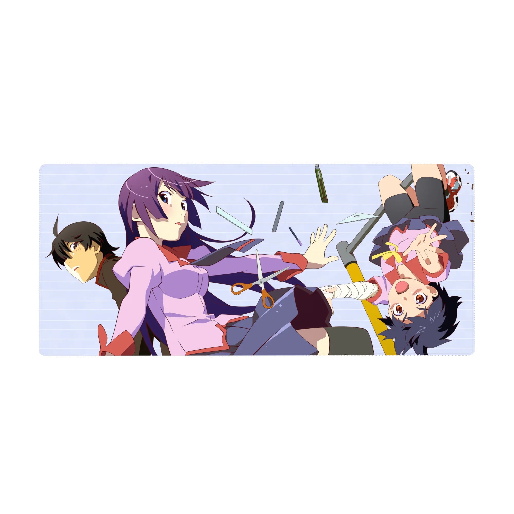 Anime girl desk pad 36x16 inches with Monogatari-style characters tumbling through flying stationery.