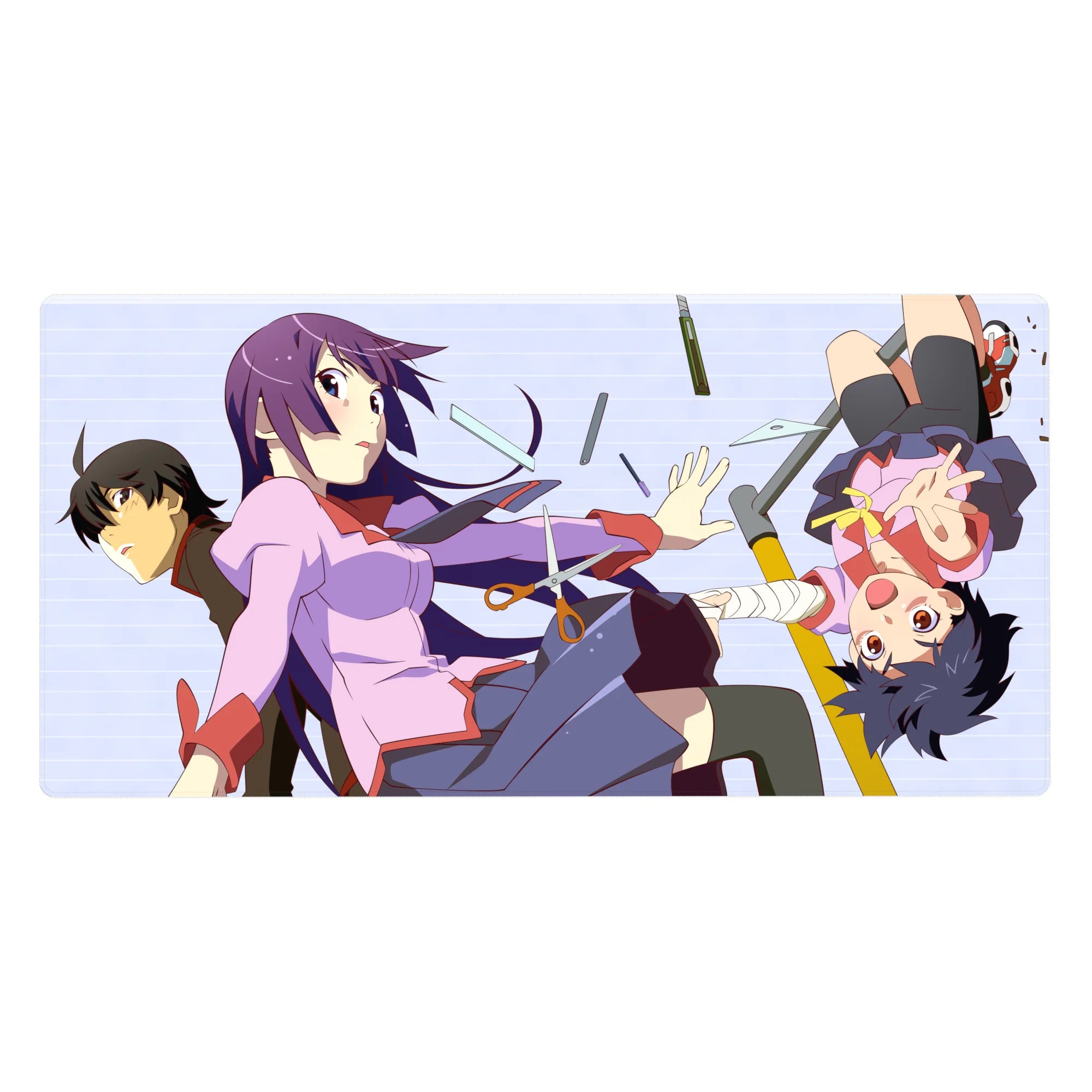 40x20 inches anime girl desk pad with Monogatari characters tumbling through flying stationery, clean lines.