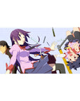 40x20 inches anime girl desk pad with Monogatari characters tumbling through flying stationery, clean lines.
