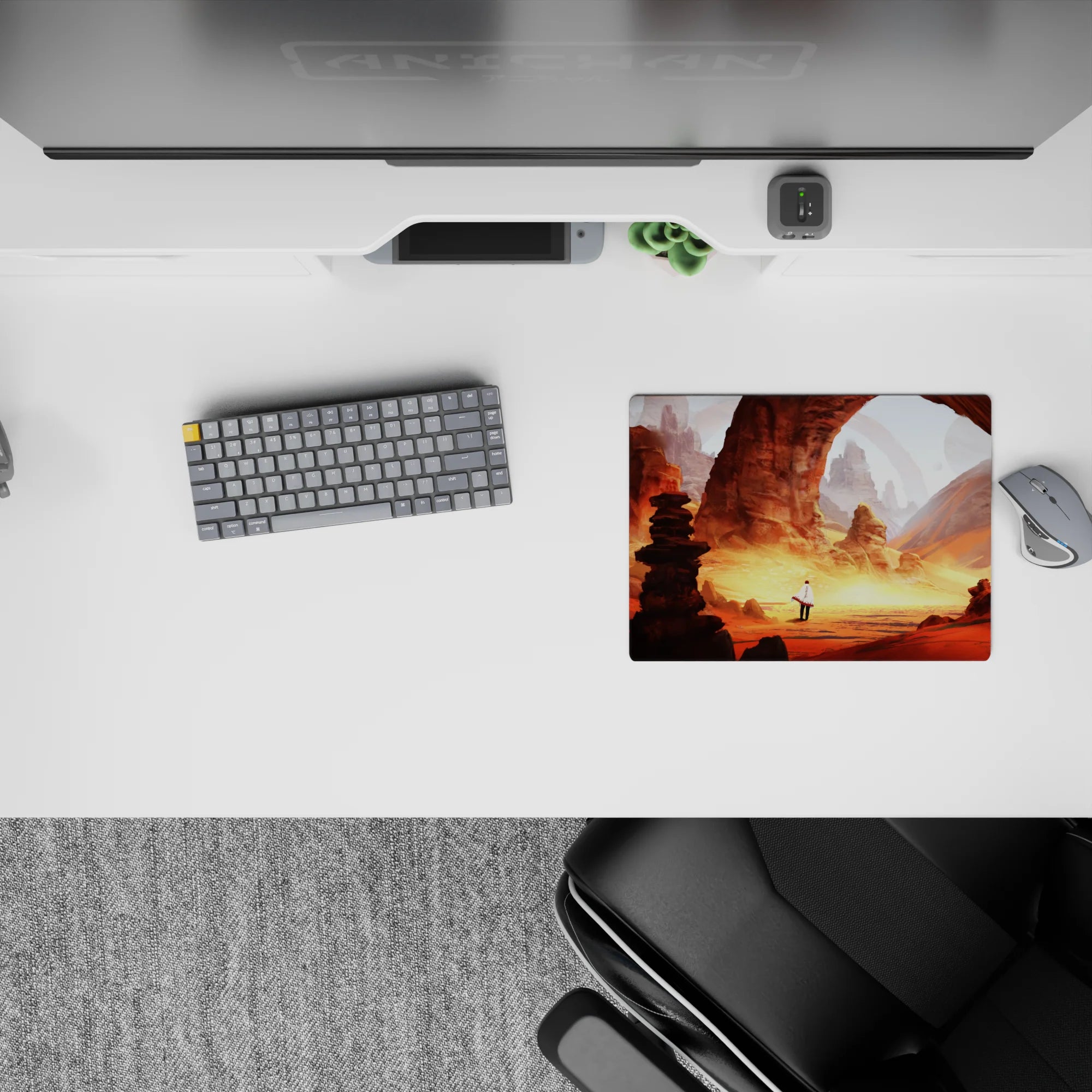 Warm orange and dusty gold anime mouse pad 14x10 inches with a calm, magical adventure mood.