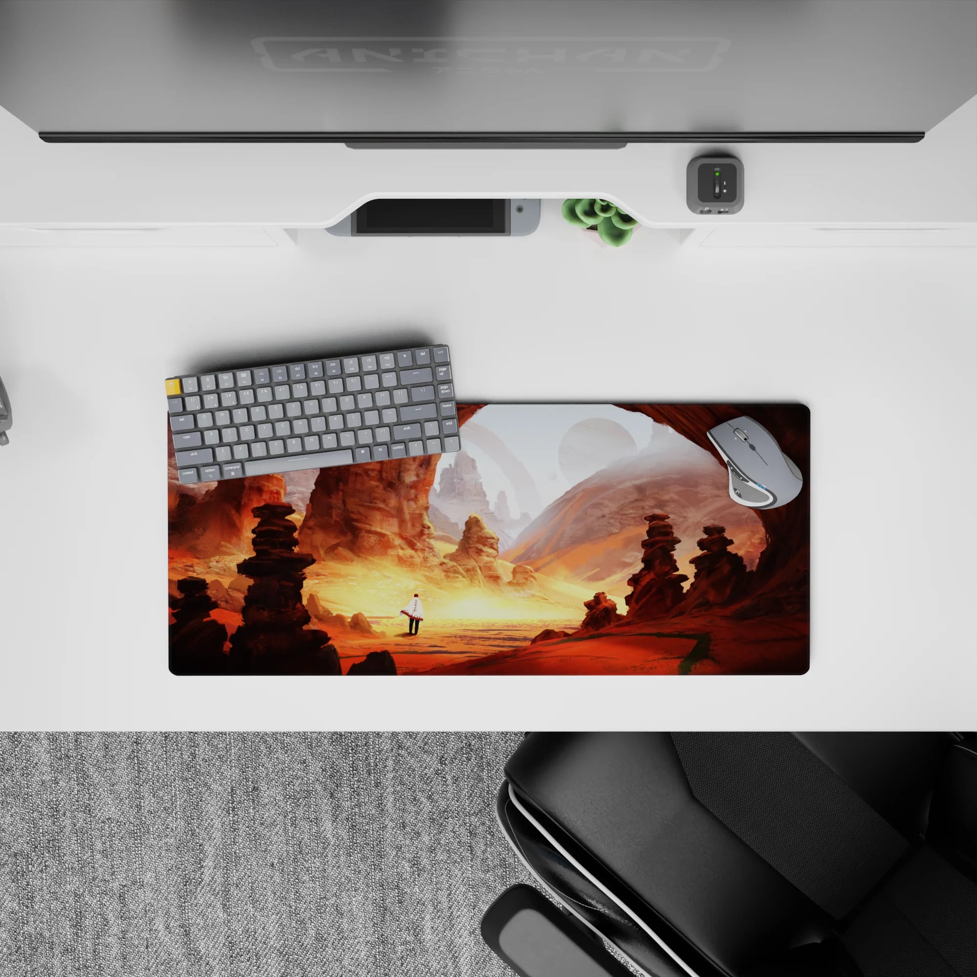 Anime mouse pad 28x12 inches in warm orange and dusty gold glow, calm magical adventure mood.