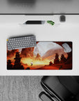 Anime mouse pad 28x12 inches in warm orange and dusty gold glow, calm magical adventure mood.