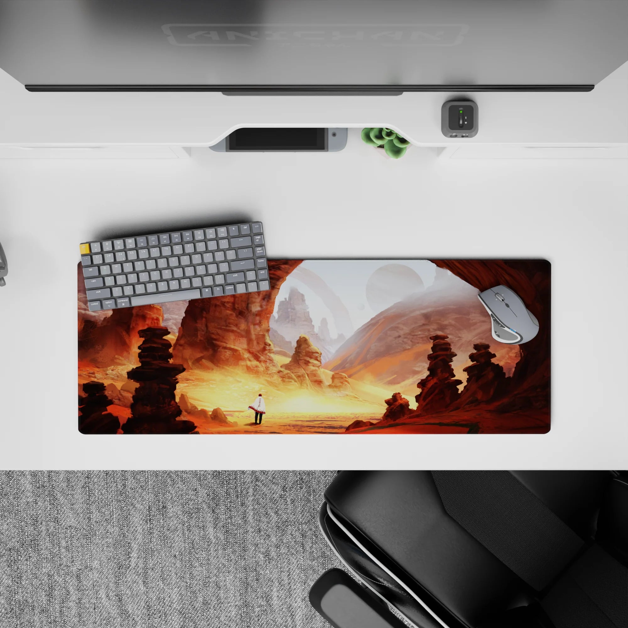 32x12 inches anime mouse pad in warm orange and dusty gold tones with a dreamy, magical adventure vibe.