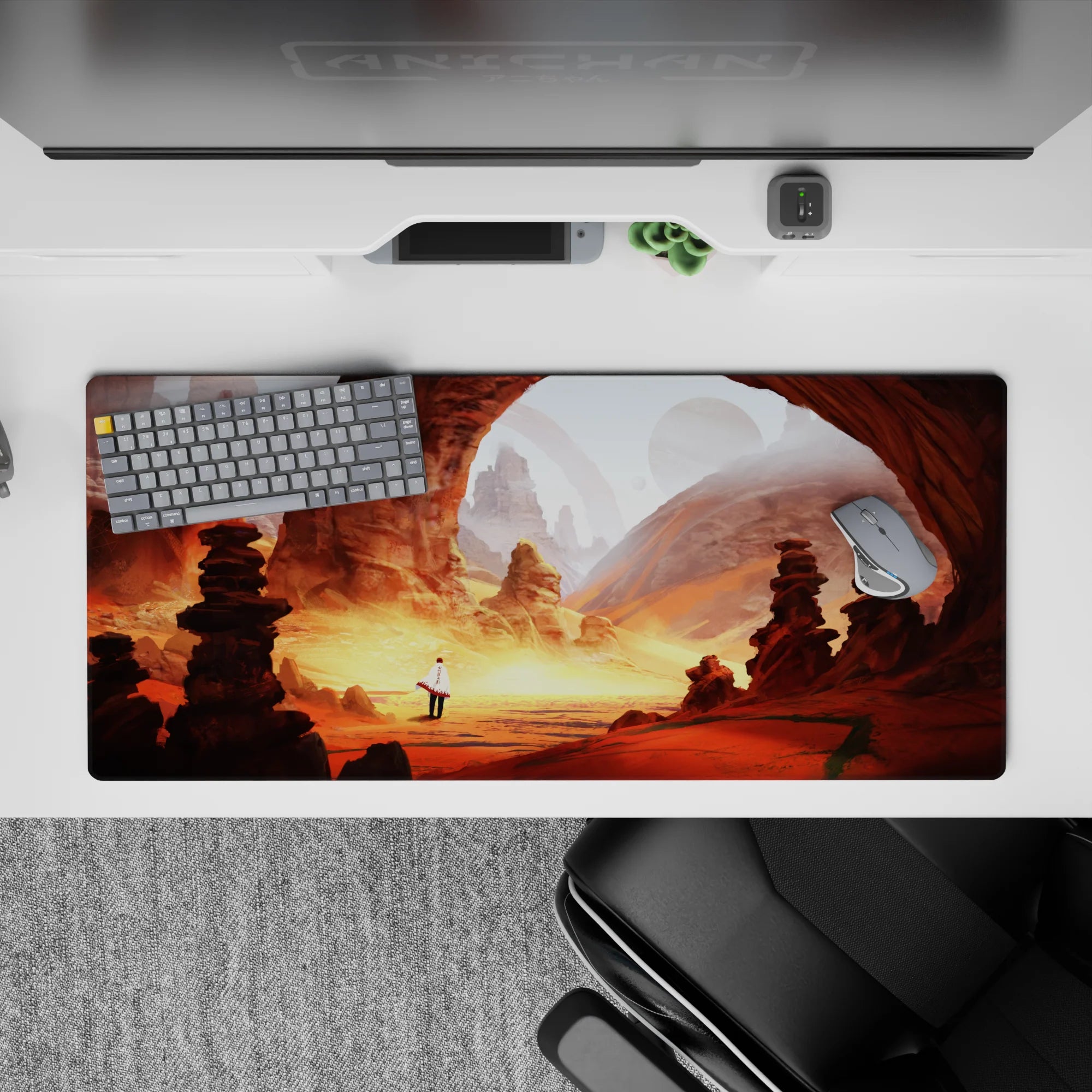 Warm orange and dusty gold anime desk pad 36x16 inches with calm magical desert sky and planets.