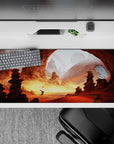 Warm orange and dusty gold anime desk pad 36x16 inches with calm magical desert sky and planets.
