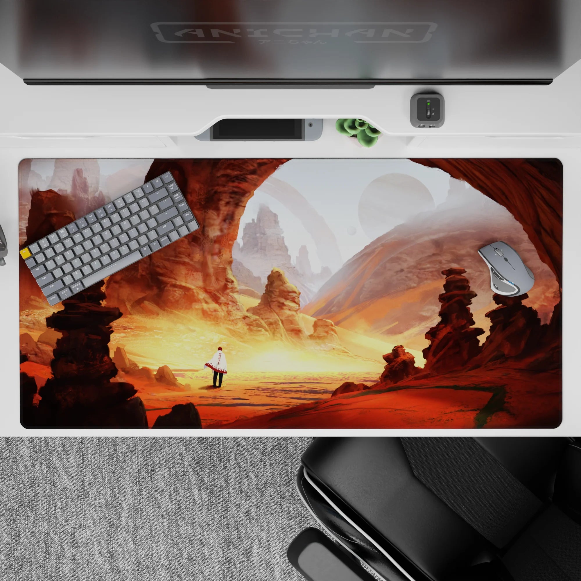 Warm orange and dusty gold anime desk pad 40x20 inches with magical desert vibe and soft planets.