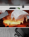 Warm orange and dusty gold anime desk pad 40x20 inches with magical desert vibe and soft planets.