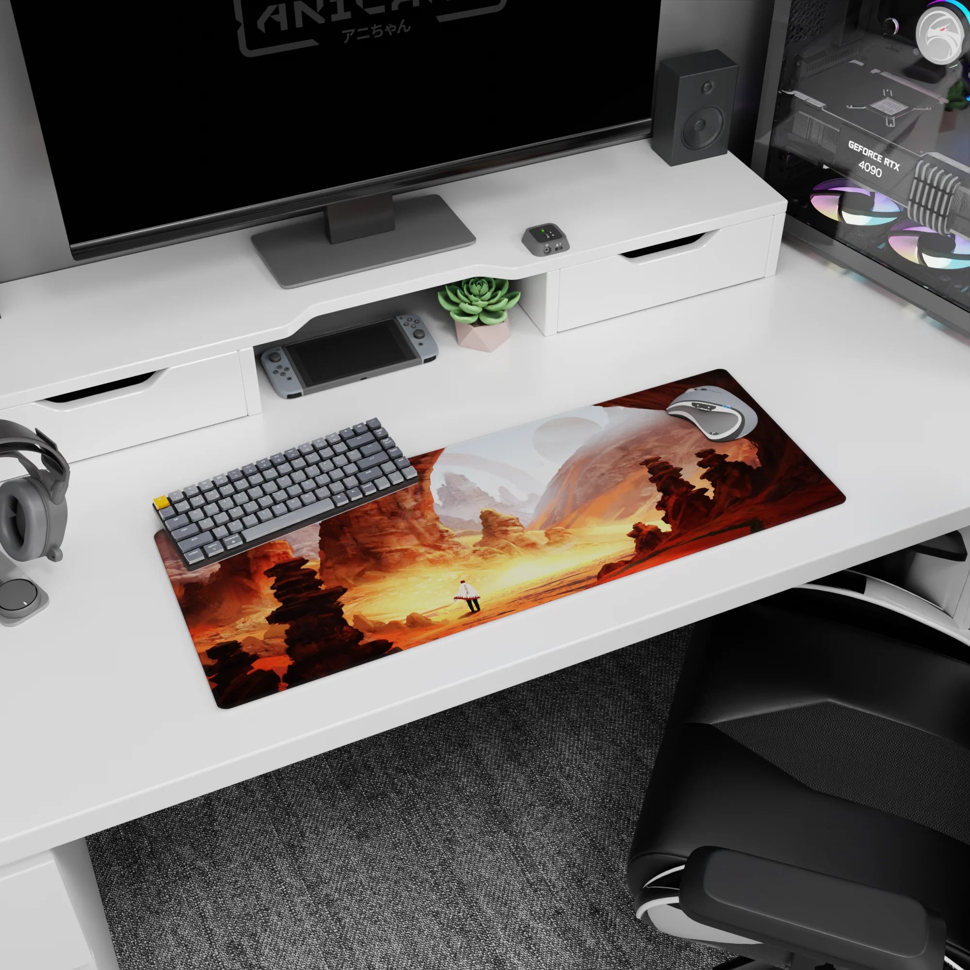 32x12 inches anime mouse pad showing a white-cloaked traveler in a glowing canyon under soft planets.