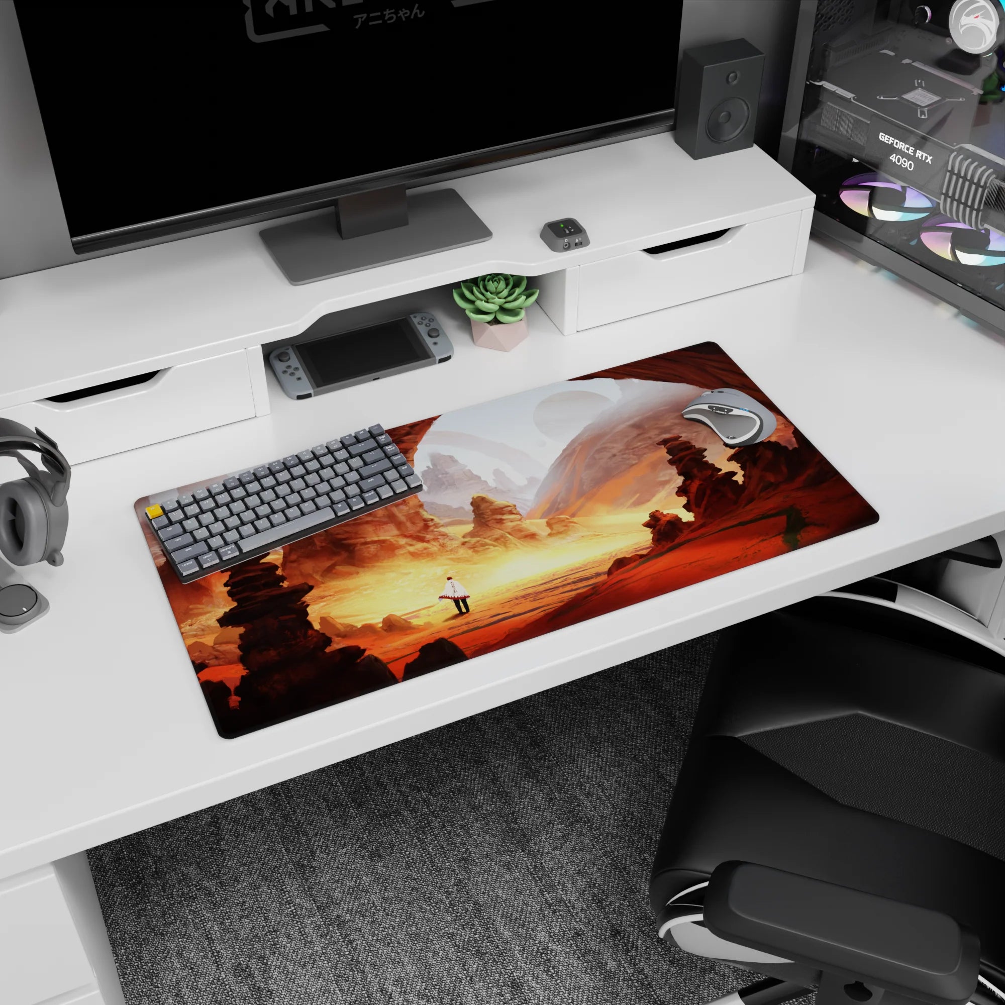 32x16 inches anime mouse pad showing a white-cloaked wanderer beneath red stone arches in a desert canyon.