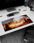 32x16 inches anime mouse pad showing a white-cloaked wanderer beneath red stone arches in a desert canyon.
