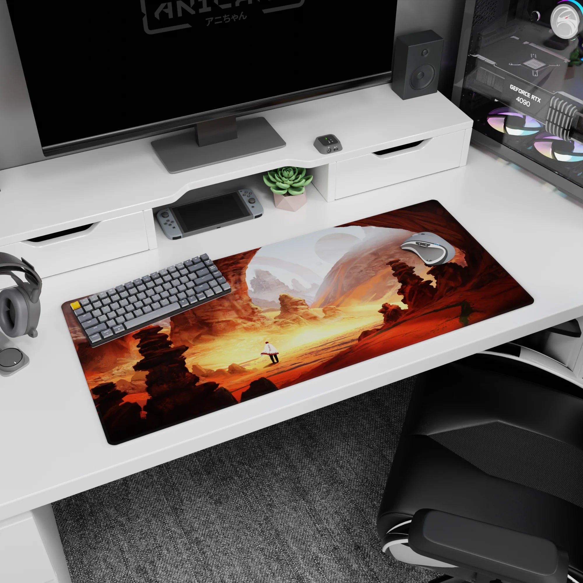 White-cloaked traveler in a red canyon on anime desk pad 36x16 inches, quest-like desert scene.