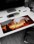White-cloaked traveler in a red canyon on anime desk pad 36x16 inches, quest-like desert scene.