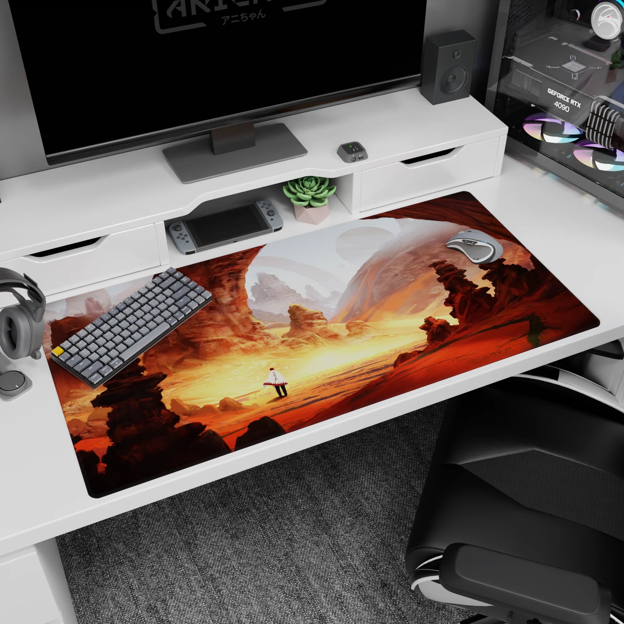 White-cloaked traveler in a red stone canyon on an anime desk pad 40x20 inches, under distant planets.