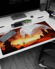 White-cloaked traveler in a red stone canyon on an anime desk pad 40x20 inches, under distant planets.