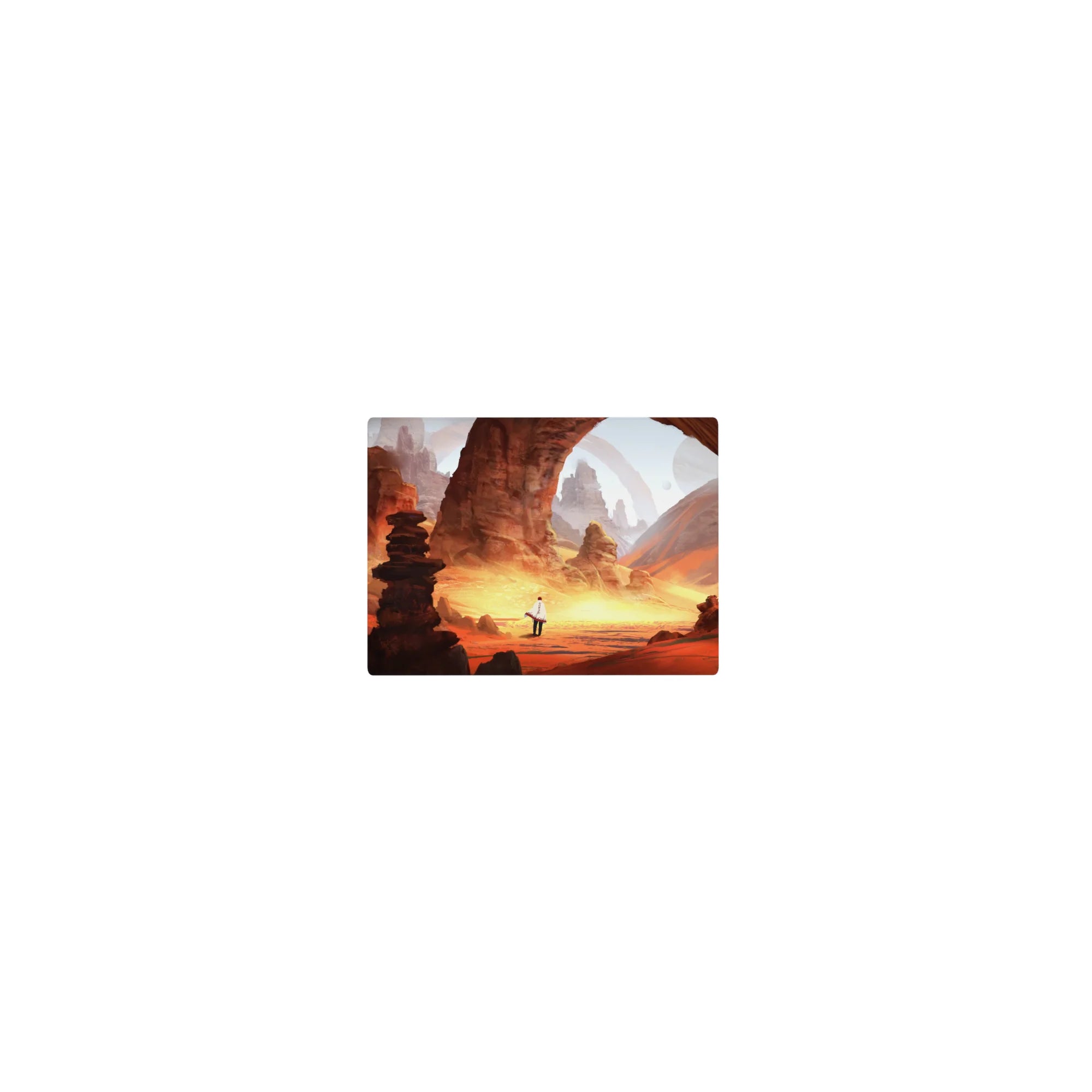 Classic anime mouse pad 14x10 inches with desert canyon arches, rock totems, and a cloaked traveler.