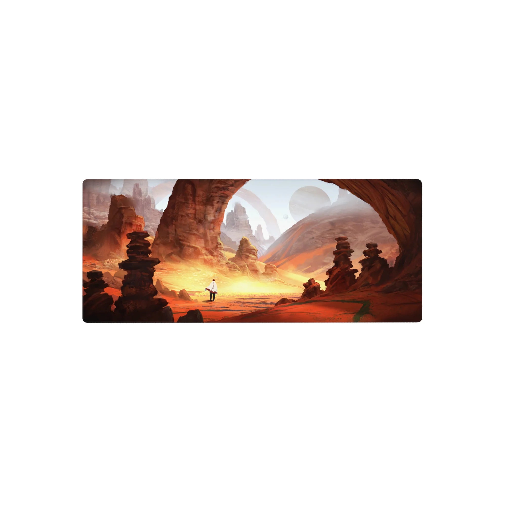 Anime mouse pad 28x12 inches with desert canyon arches, stacked rock totems, and distant planets.