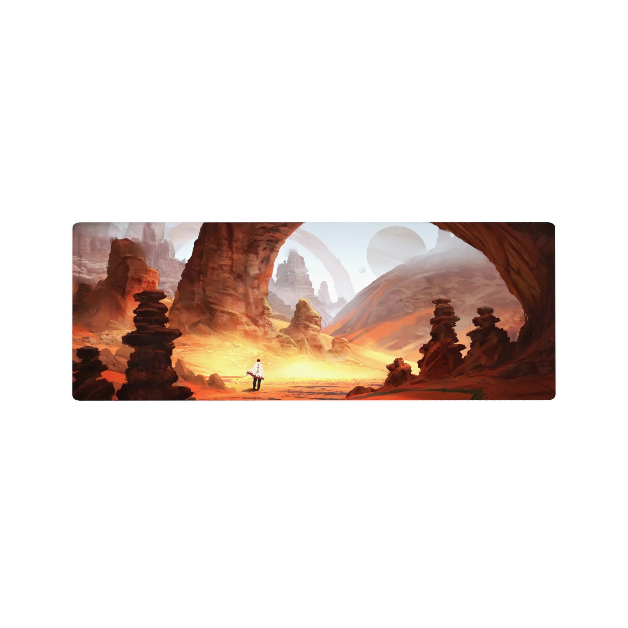 32x12 inches anime mouse pad with desert canyon arches, stacked rock totems, and a lone cloaked traveler.