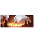 32x12 inches anime mouse pad with desert canyon arches, stacked rock totems, and a lone cloaked traveler.