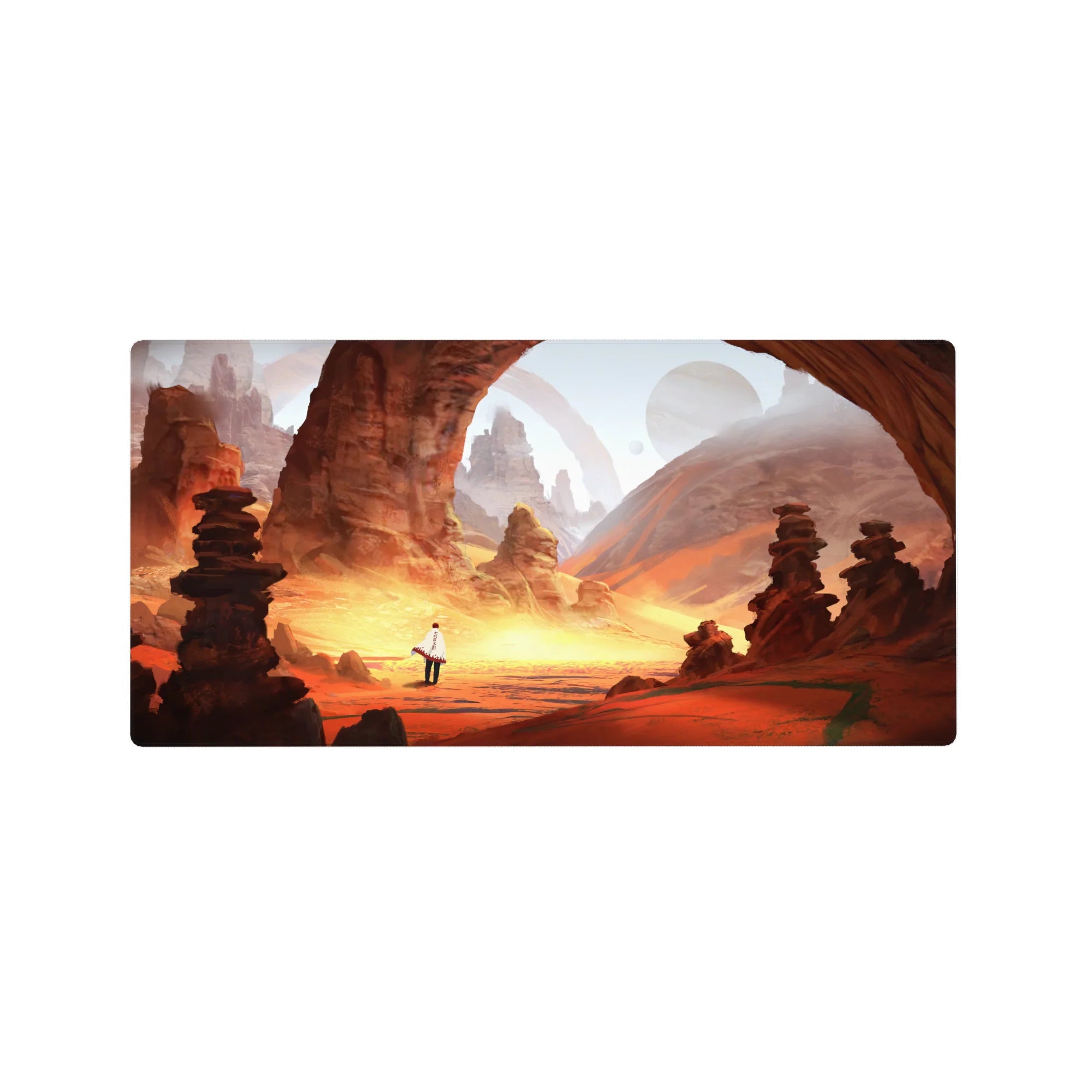 32x16 inches anime mouse pad with desert canyon arches, stacked rock totems, and a lone cloaked traveler.