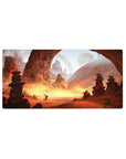 32x16 inches anime mouse pad with desert canyon arches, stacked rock totems, and a lone cloaked traveler.