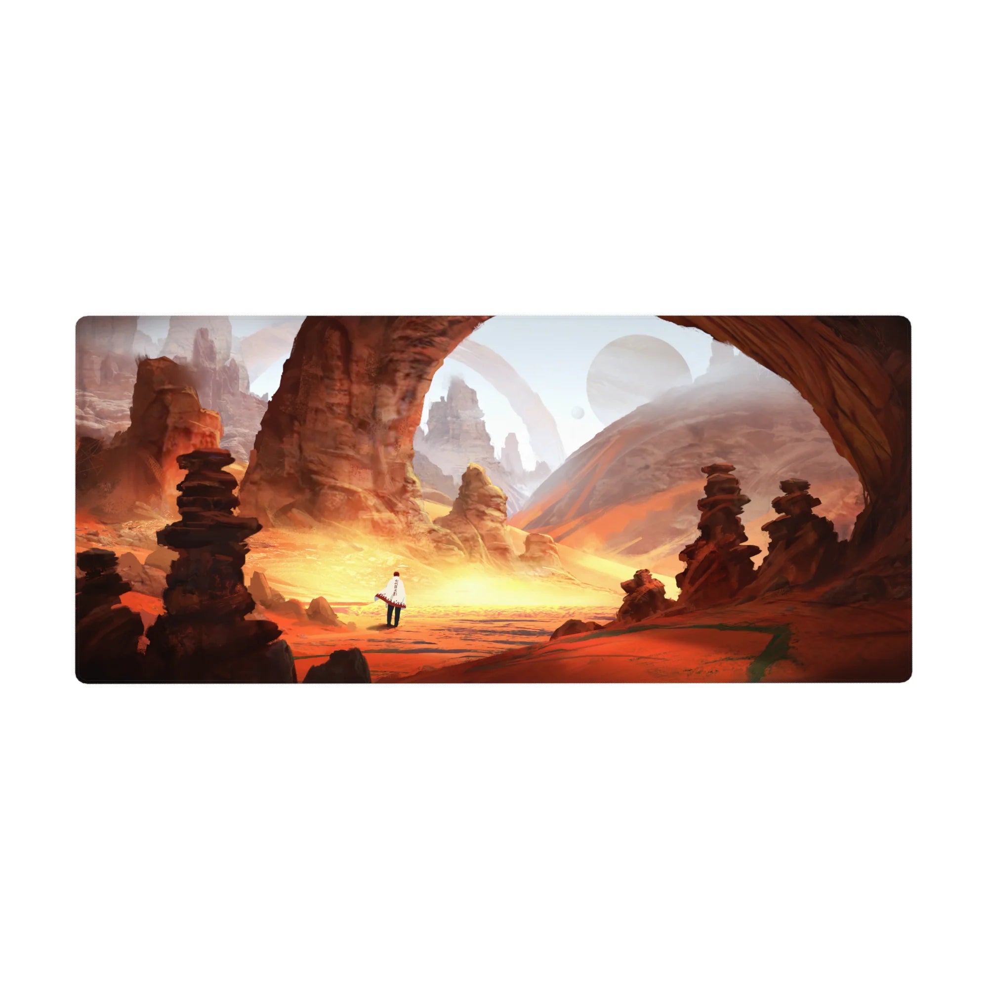 Anime desk pad 36x16 inches with glowing desert canyon, red stone arches, and stacked rock totems.