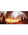 Anime desk pad 36x16 inches with glowing desert canyon, red stone arches, and stacked rock totems.