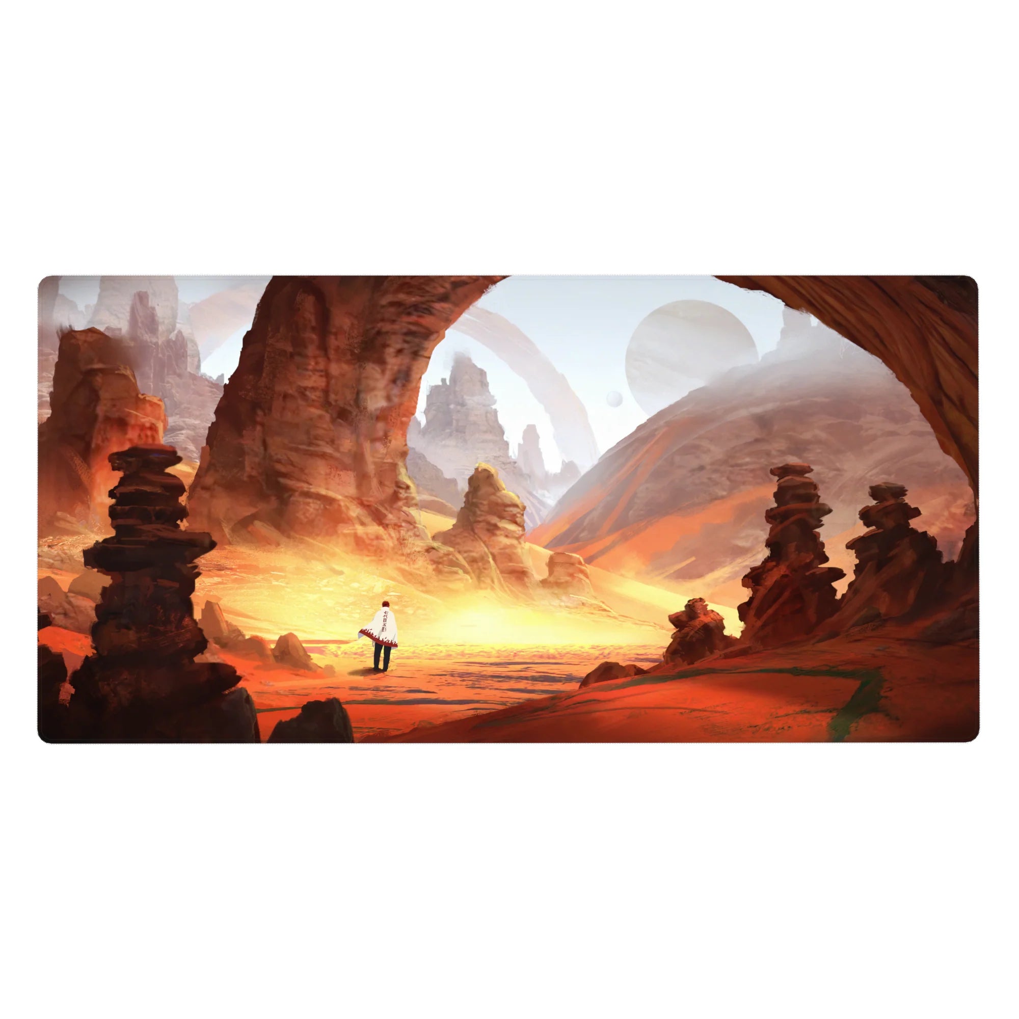 Anime desk pad 40x20 inches with glowing desert canyon, red arches, rock totems, and quest traveler.