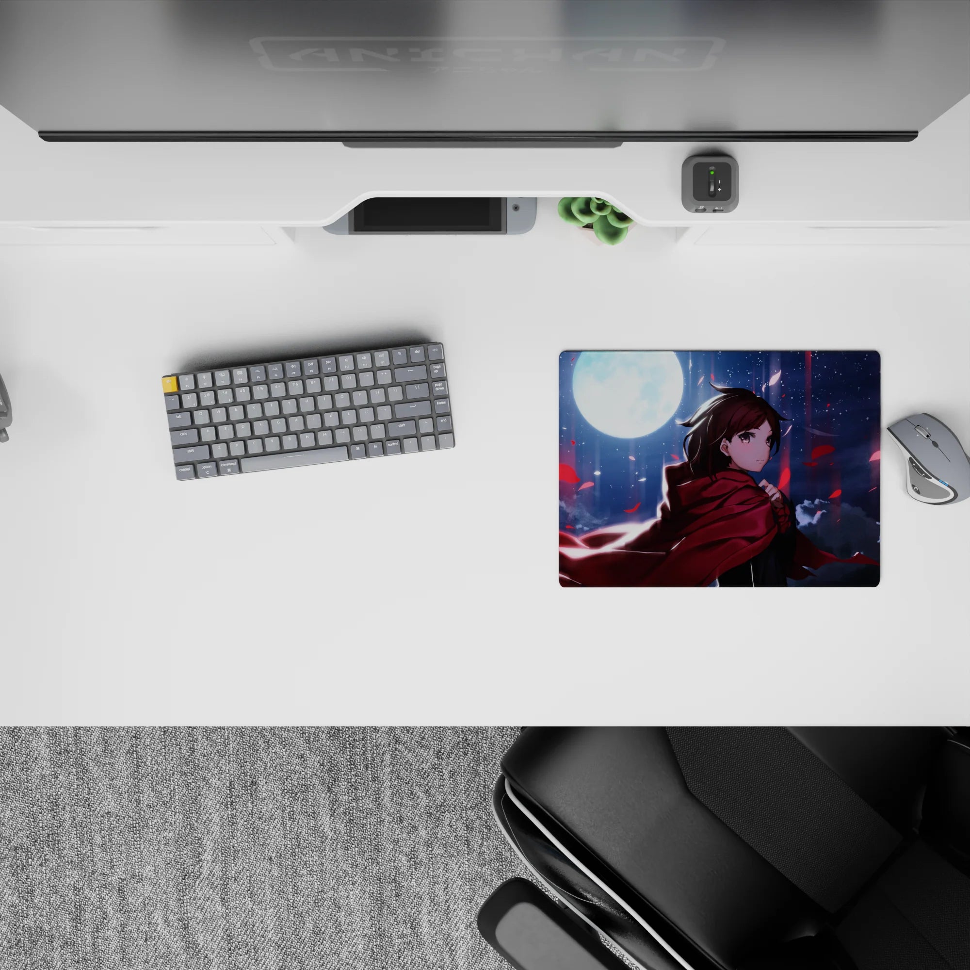 Moody midnight anime mouse pad 14x10 inches in deep blues and inky clouds, with glossy red highlights.