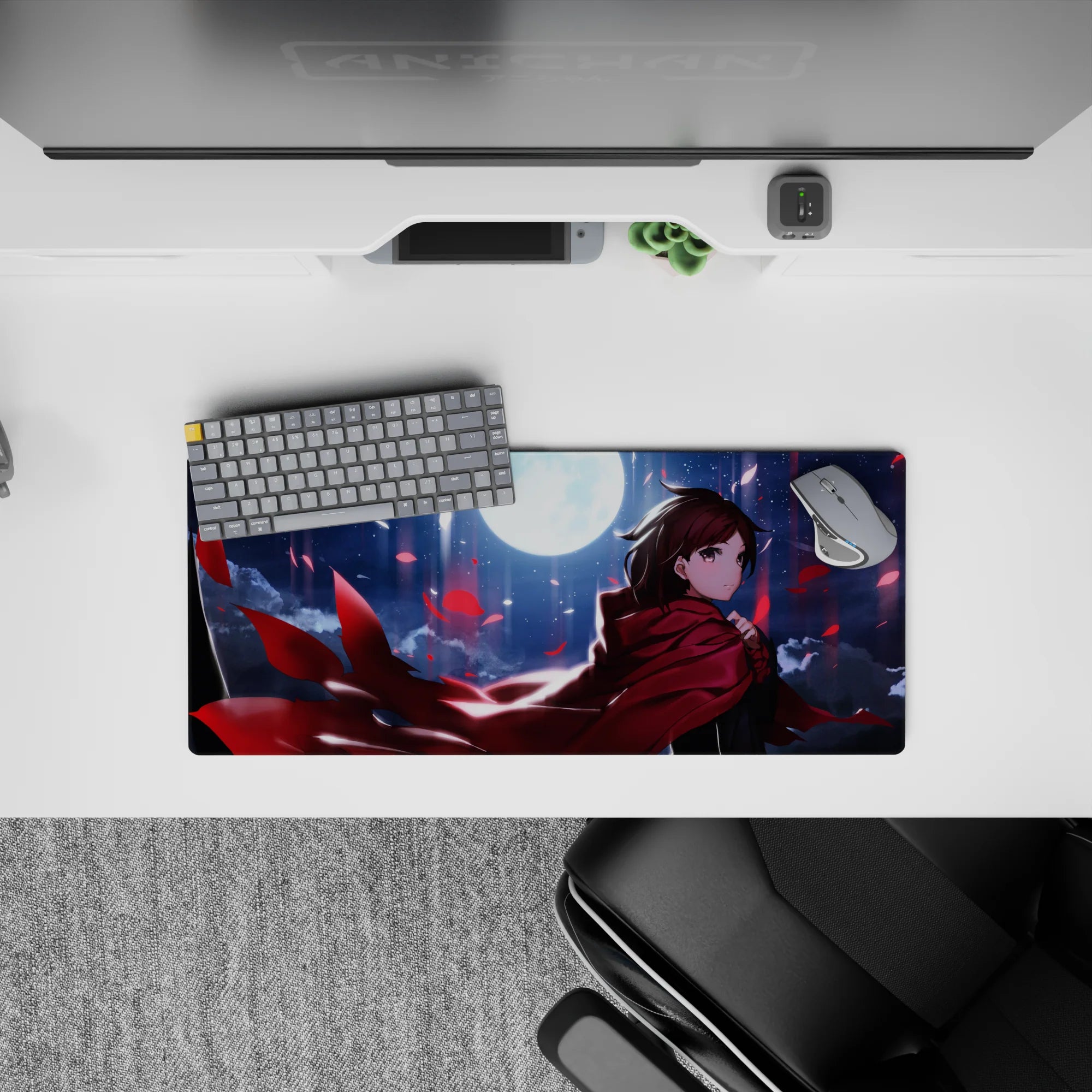 28x12 inches anime desk mouse pad in deep blues and midnight clouds with bold crimson petals, dreamy shine.