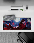 28x12 inches anime desk mouse pad in deep blues and midnight clouds with bold crimson petals, dreamy shine.