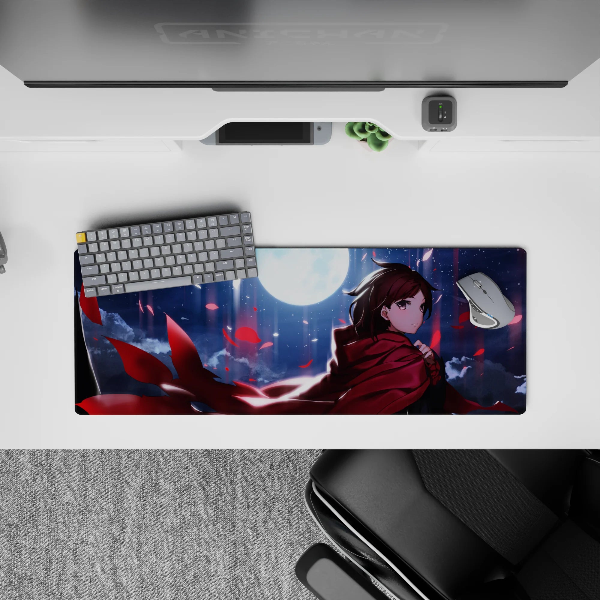 32x12 inches mouse pad in midnight blues and inky clouds, with bold crimson accents and glossy dreamy shine.