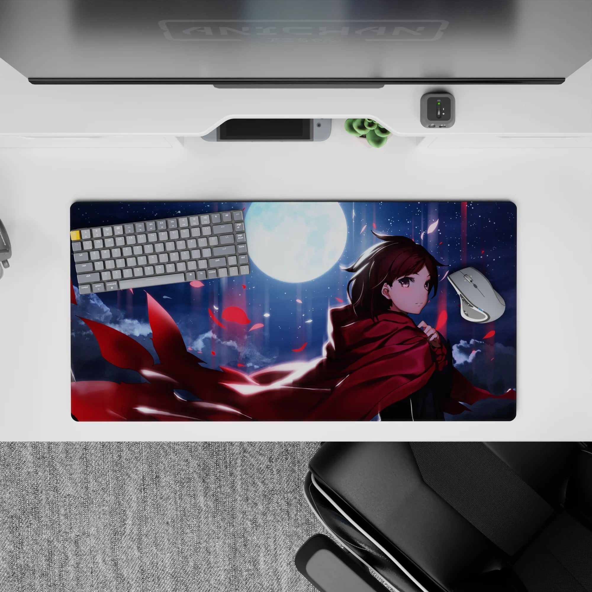 32x16 inches anime desk mouse pad in moody midnight blues with bold crimson accents and glossy shine.