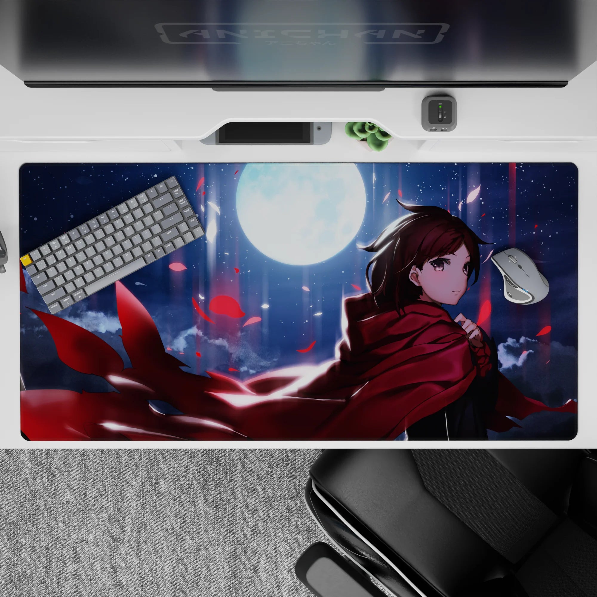 Moody midnight-blue anime desk pad 40x20 inches with deep reds, glossy highlights, and dreamy clouds.