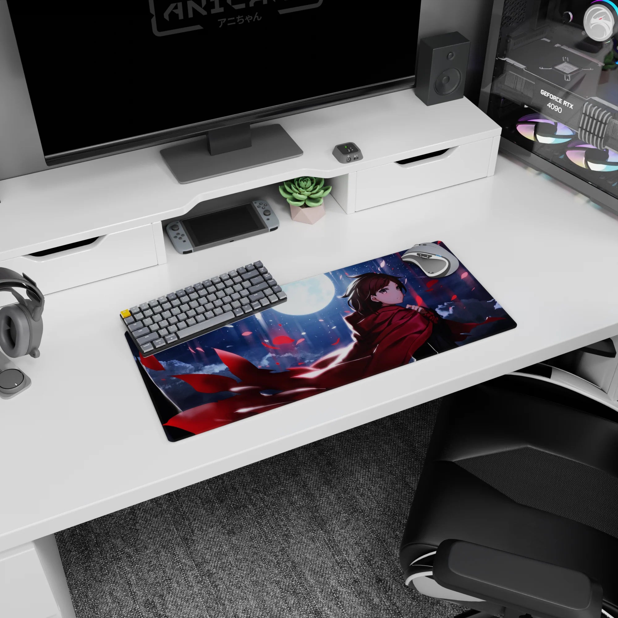 28x12 inches mouse pad featuring a calm, brave anime girl guarding the desk, red cloak and moonlit sky.