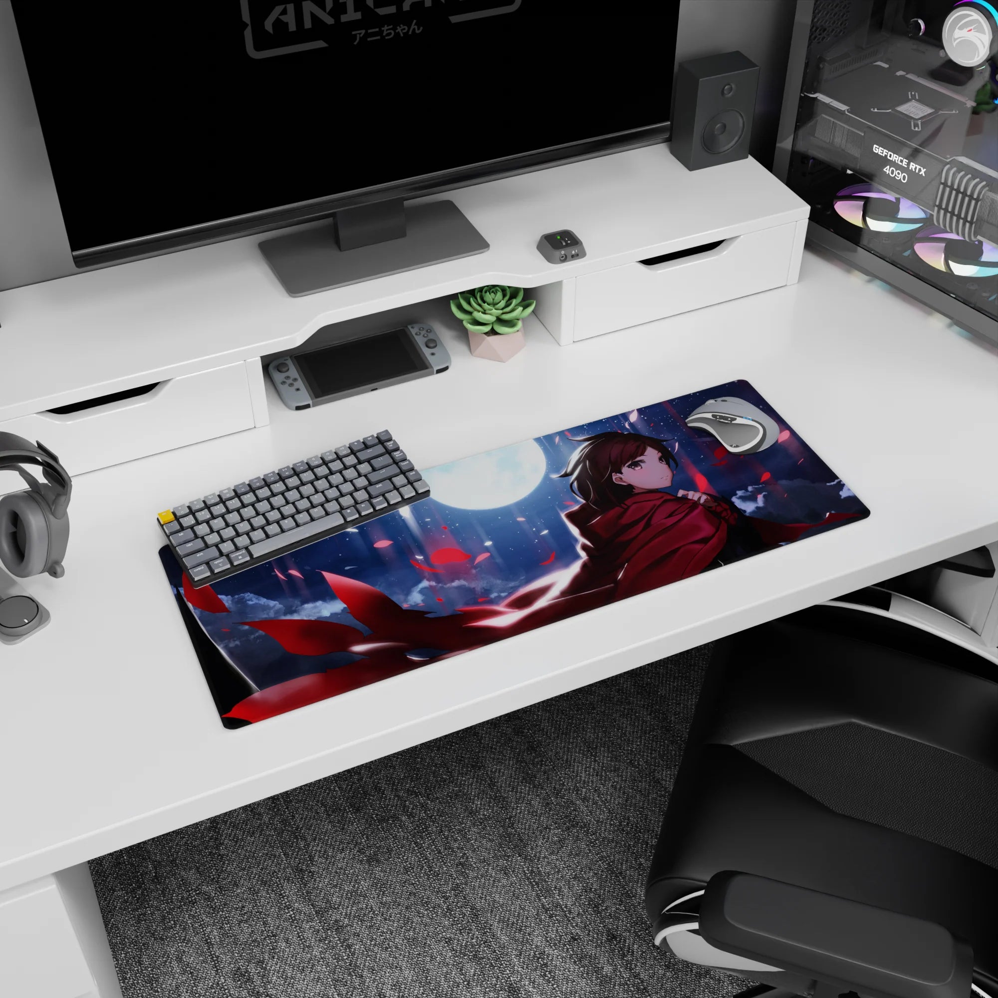 32x12 inches anime desk mat featuring a calm brave girl in a red cloak under moonlight, petals in the sky.