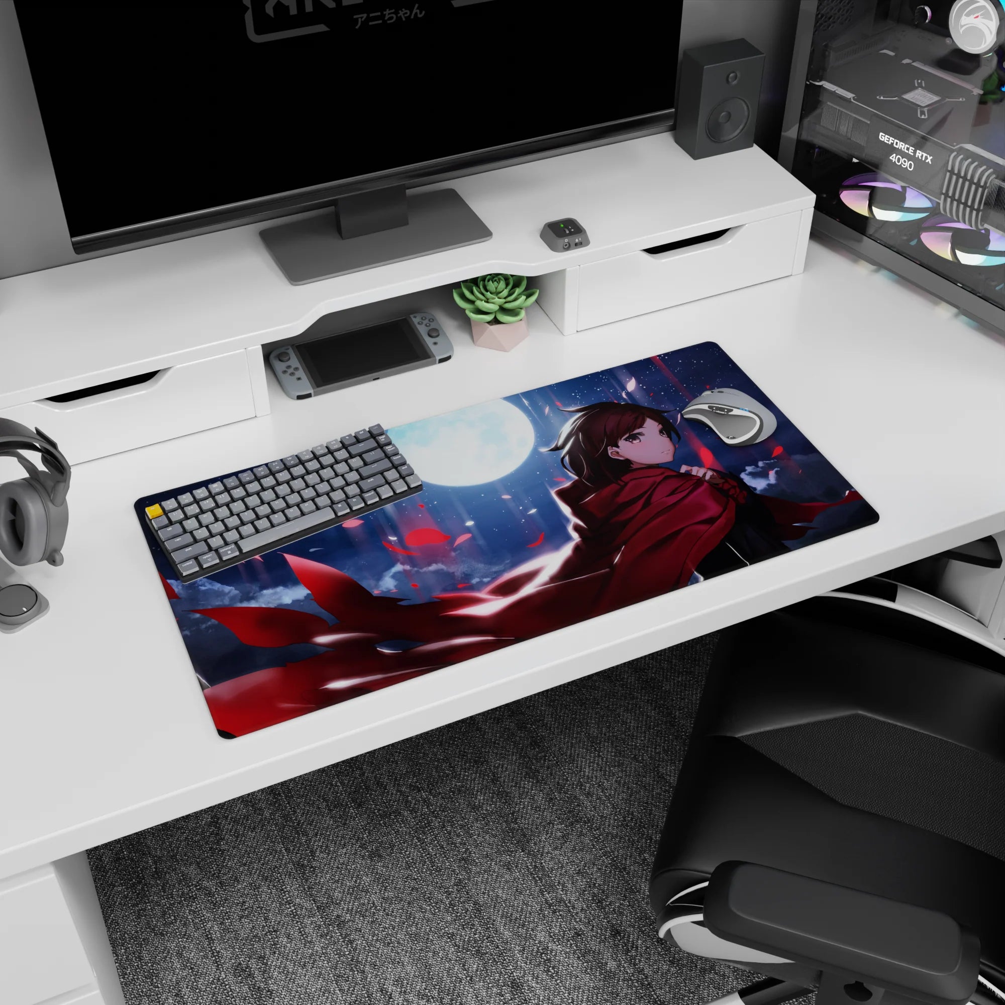 32x16 inches mouse pad featuring a calm, brave anime girl under moonlight, guarding your desk in red.