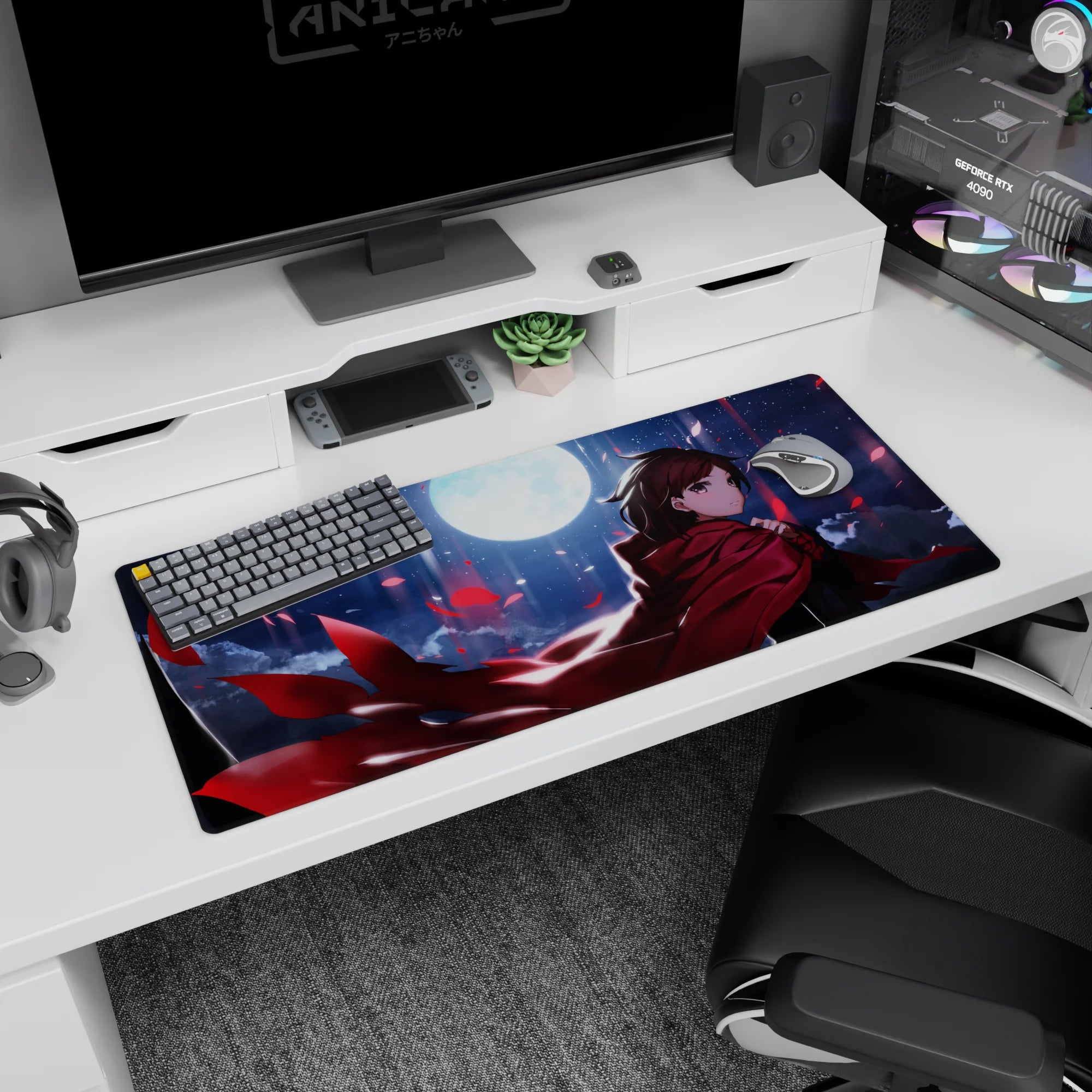 36x16 inches anime desk pad featuring calm brave girl in red cloak under moonlight with petals in the sky.