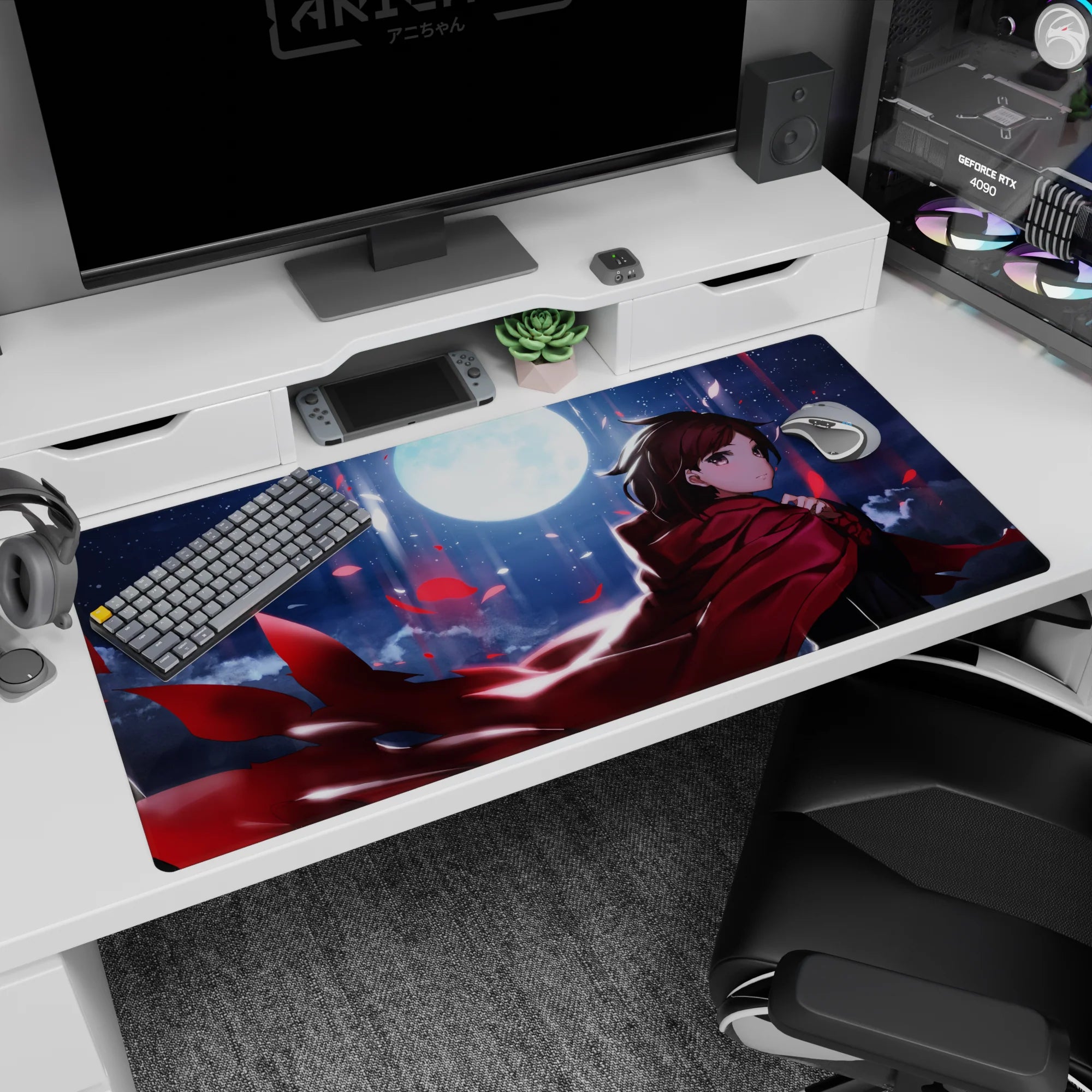 Brave anime girl in crimson cloak guarding the desk, petals slicing the sky on a 40x20 inches desk pad.