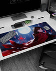 Brave anime girl in crimson cloak guarding the desk, petals slicing the sky on a 40x20 inches desk pad.