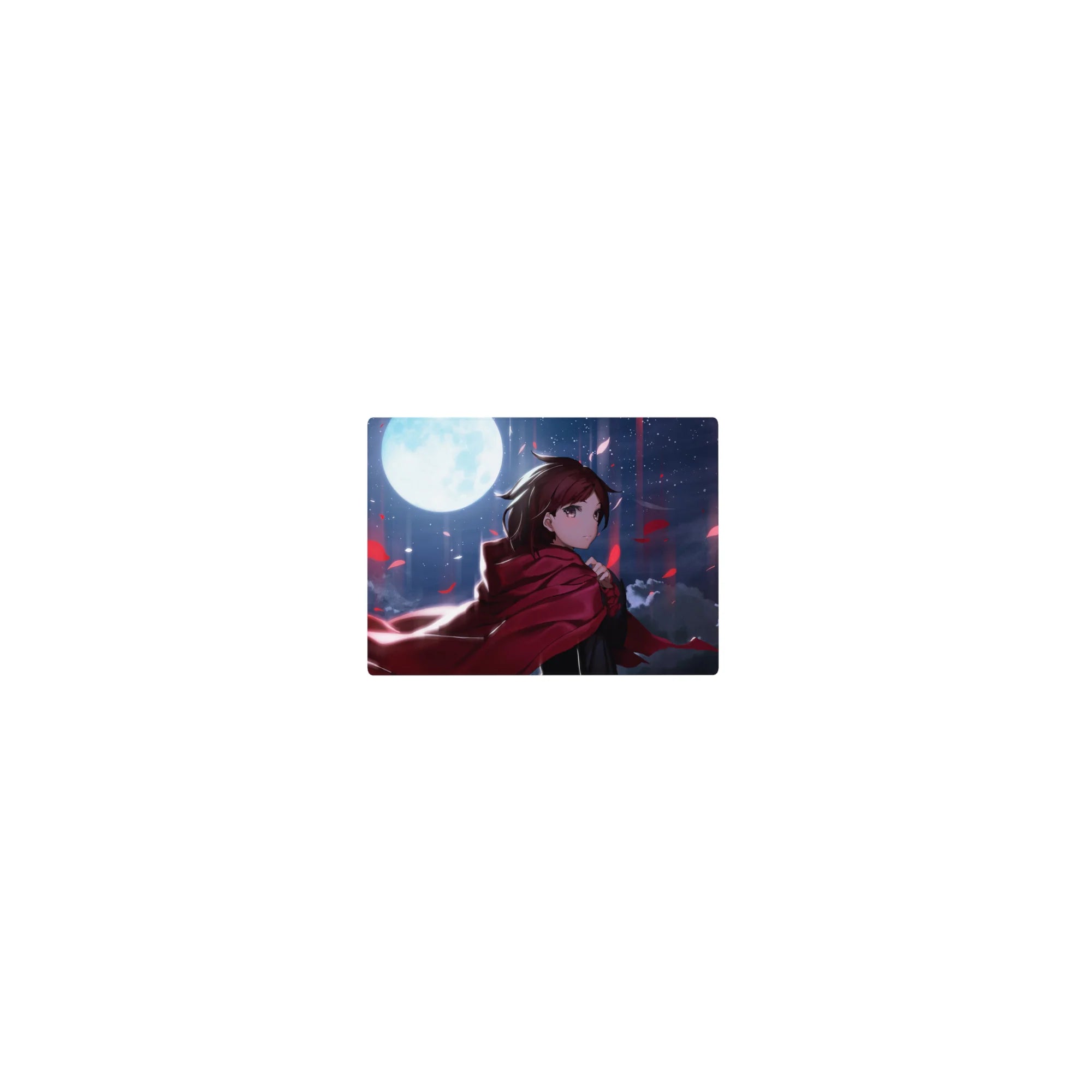 Classic anime girl mouse pad 14x10 inches with red cloak, windblown hair, and floating crimson petals.