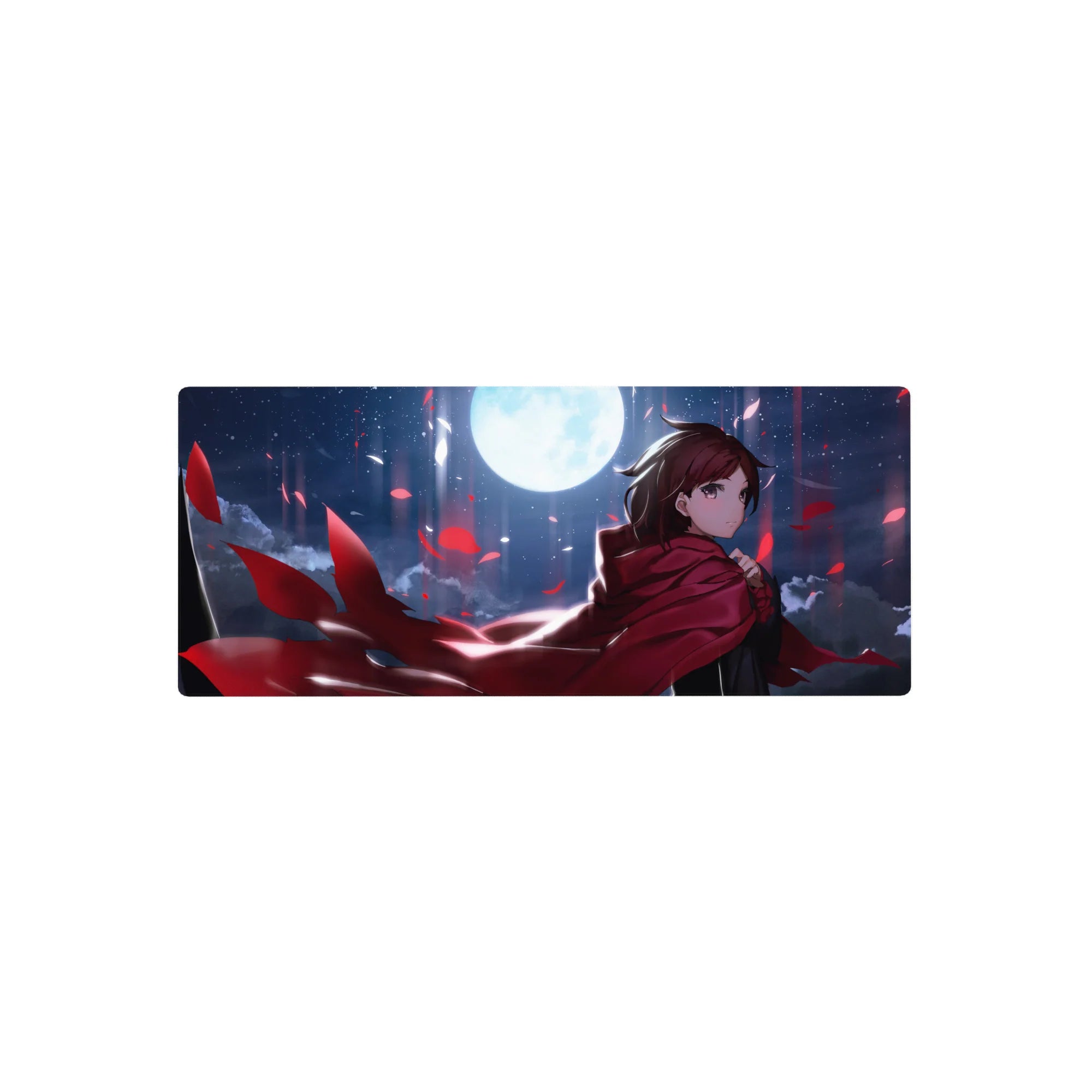 28x12 inches anime girl mouse pad with red cloak under moonlight, wind-swept hair and petals.