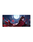 28x12 inches anime girl mouse pad with red cloak under moonlight, wind-swept hair and petals.